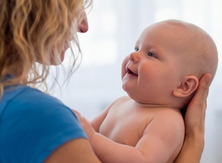 Bébé dans les bras de l’ostéopathe pendant une consultation nourrisson