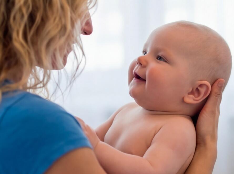 Bébé dans les bras de l’ostéopathe pendant une consultation nourrisson